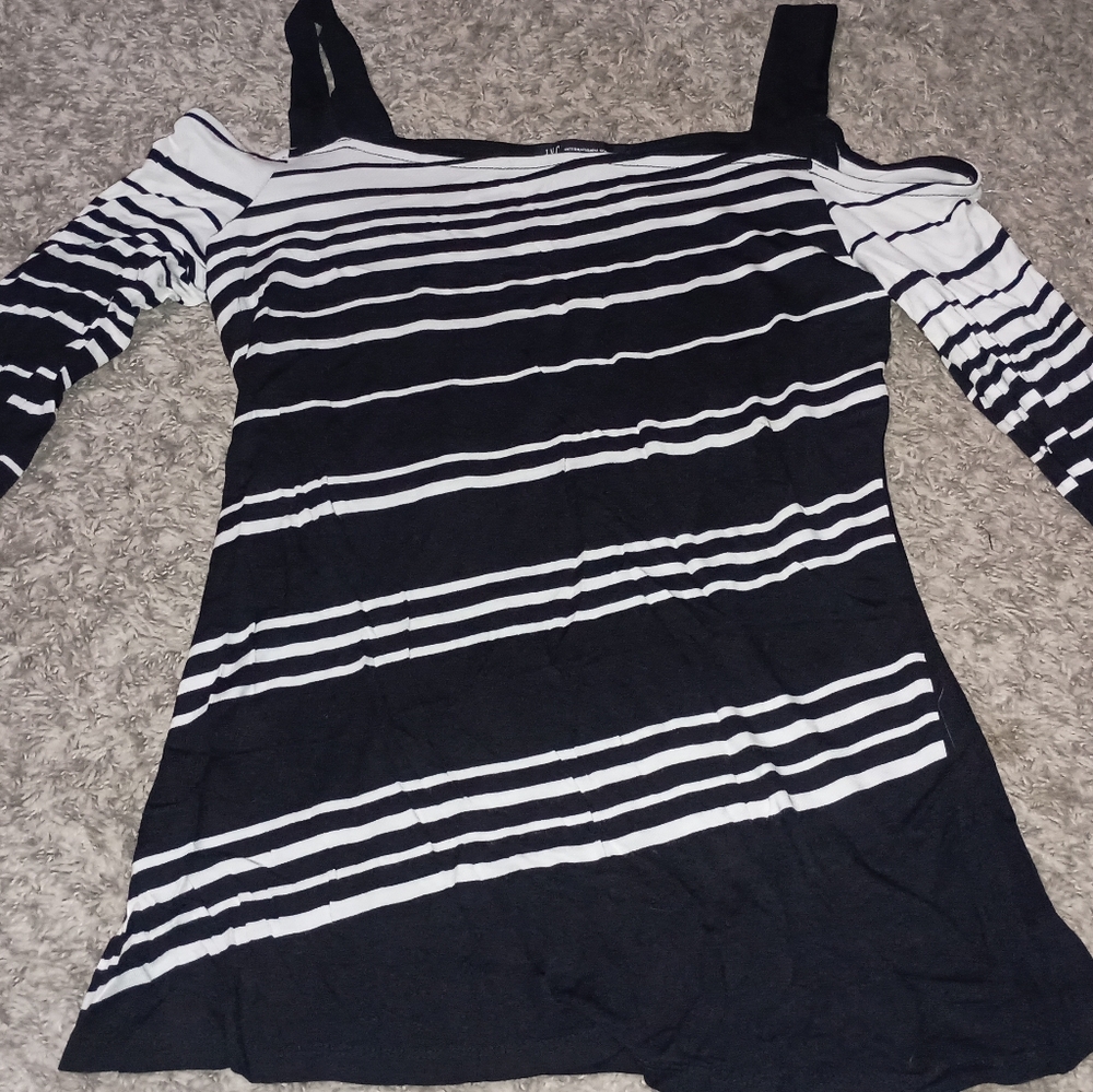 Women's INC Shoulderless Top Size Medium Color Black White Stripe Summer Cute...